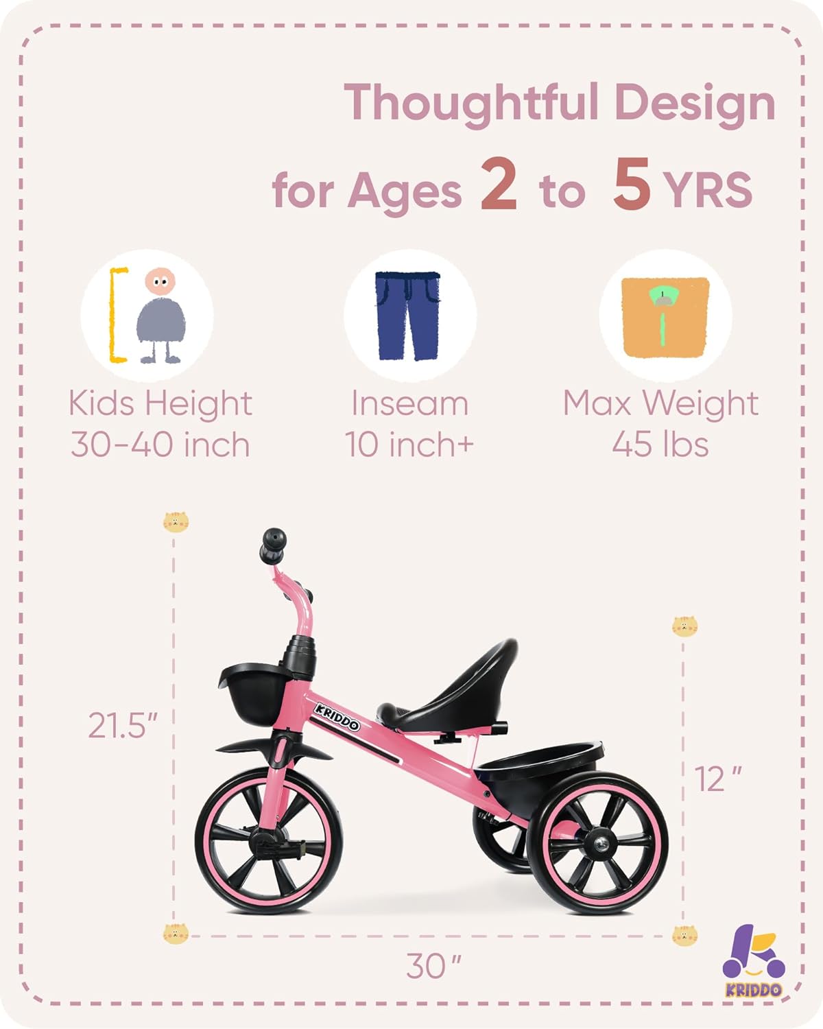 KRIDDO Kids Tricycles Age 24 Month to 5 Years