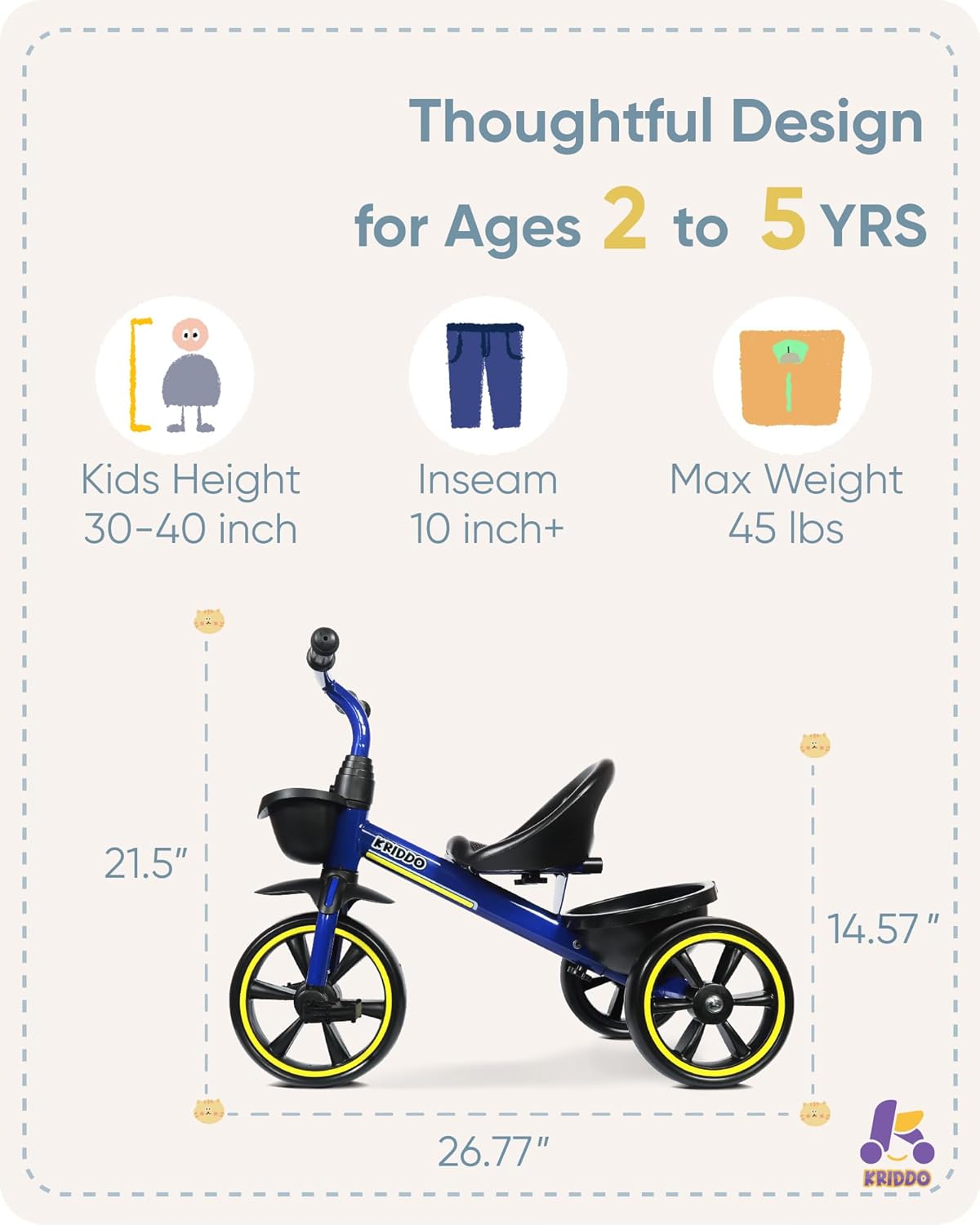 KRIDDO Kids Tricycles Age 24 Month to 5 Years