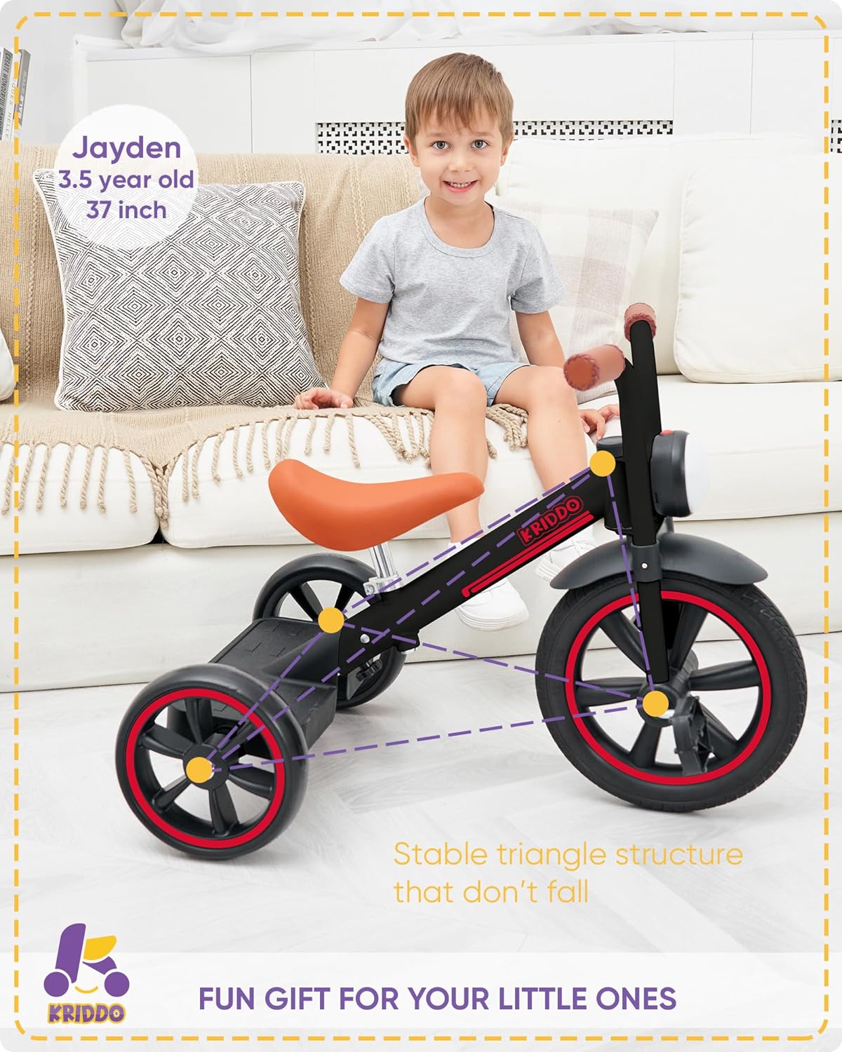 KRIDDO Kids Tricycles Age 2 Years to 5 Years, 12 Inch Puncture Free Rubber Wheel Black