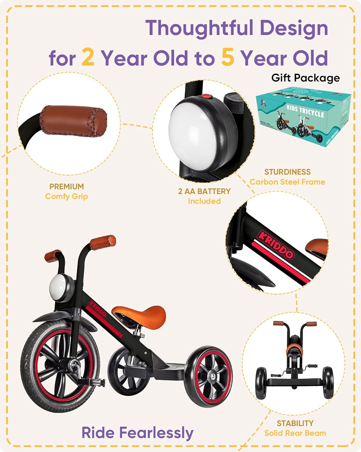 KRIDDO Kids Tricycles Age 2 Years to 5 Years, 12 Inch Puncture Free Rubber Wheel Black