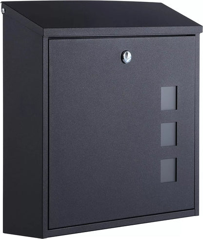 Wall Mounted Post Box, Letterbox with Tilted Lid &amp; 2 Keys, Viewing windows