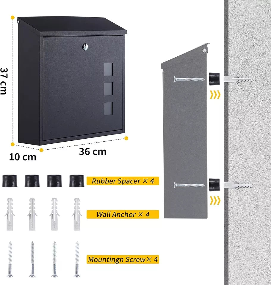 Wall Mounted Post Box, Letterbox with Tilted Lid &amp; 2 Keys, Viewing windows