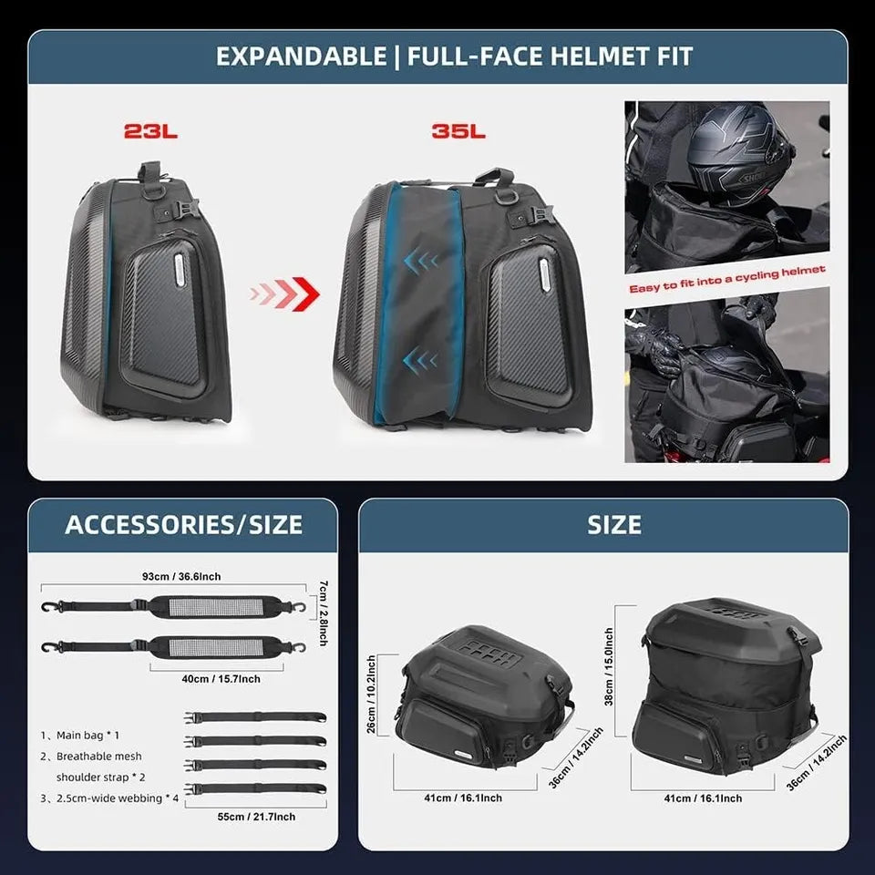 Rhinowalk Motorcycle Travel Luggage Expandable Tail Bag 35L Waterproof